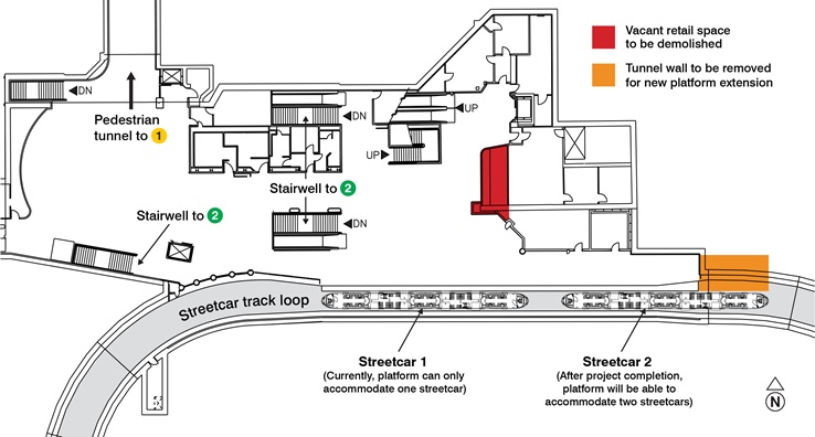 Map of the streetcar platform inside Spadina Station. Image shows where the tunnel wall will be demolished to accommodate another streetcar, and the space to be demolished to allow for enhanced capacity.