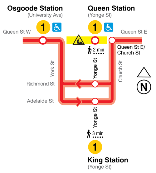 Map showing 501|301 Queen streetcar diversion starting November 10, 2024