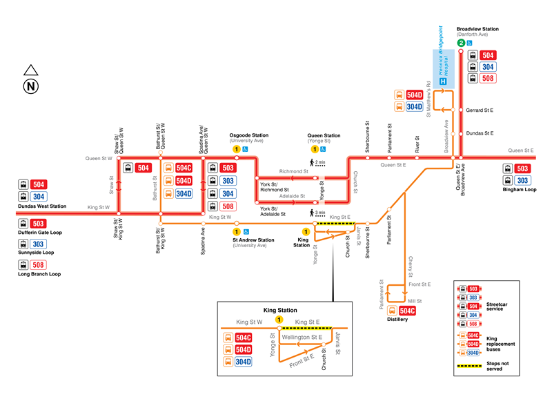 Map showing 503, 504, and 508 streetcar diversions due to construction at the King and Church intersection, effected June 2, 2025.