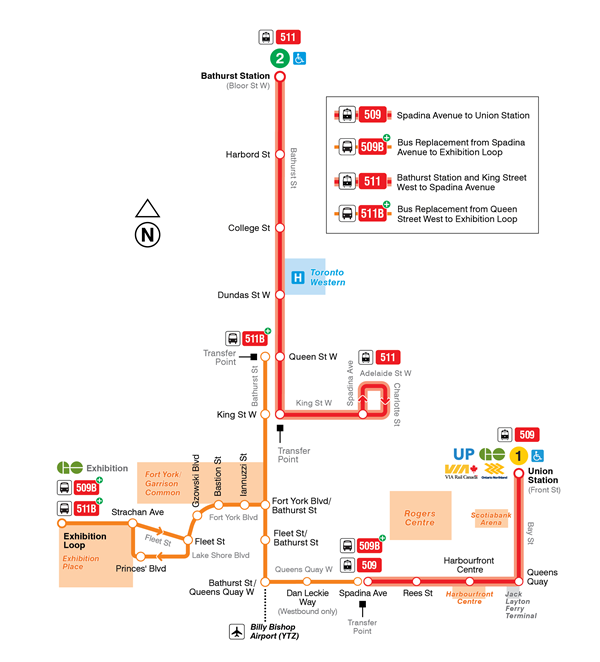 Map showing how the 509 Harbourfront and 511 Bathurst streetcars will divert during the 2025 Bathurst/Lake Shore/Fleet watermain/track renewal construction project.