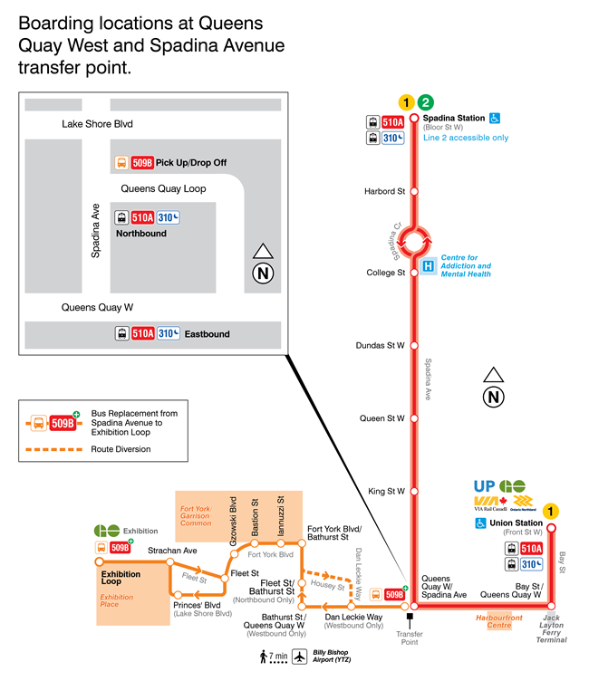 Map showing 509 Harbourfront street suspension and resumption of 510 Spadina streetcar - effective March 30, 2025.
