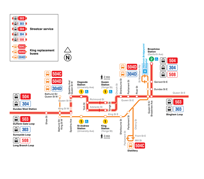 Map showing 503 Kingston Rd, 504 King and 508 Lake Shore streetcar diversions starting May 11, 2025
