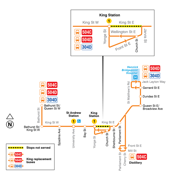 Map depicting changes to the 504C and 504D/304D King replacement buses starting June 2, 2025.