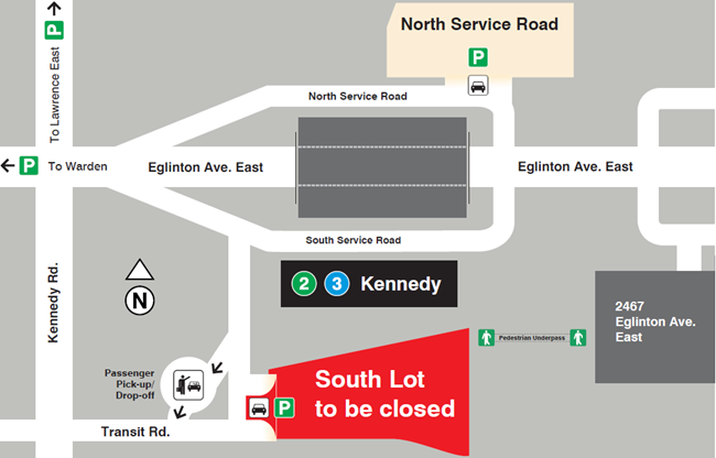 TTC Kennedy Station South Commuter Lot closure and available parking at the North Commuter Lot with directions.
