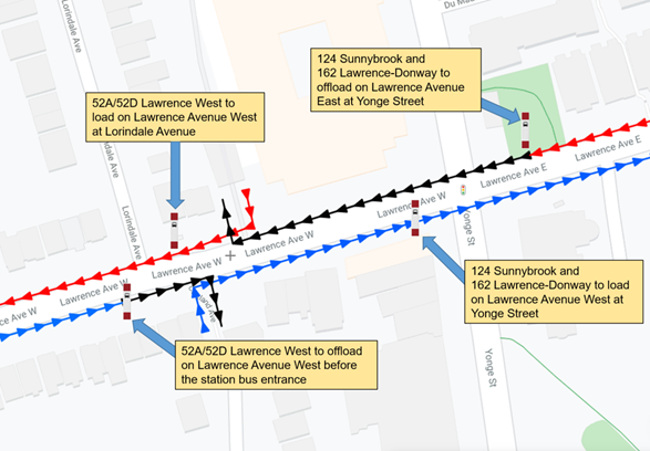Image showing bus rerouting at Lawrence Station for temporary rerouting.