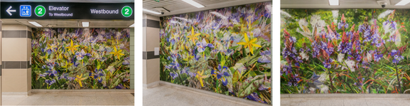 Flower mosaic on subway station wall. 