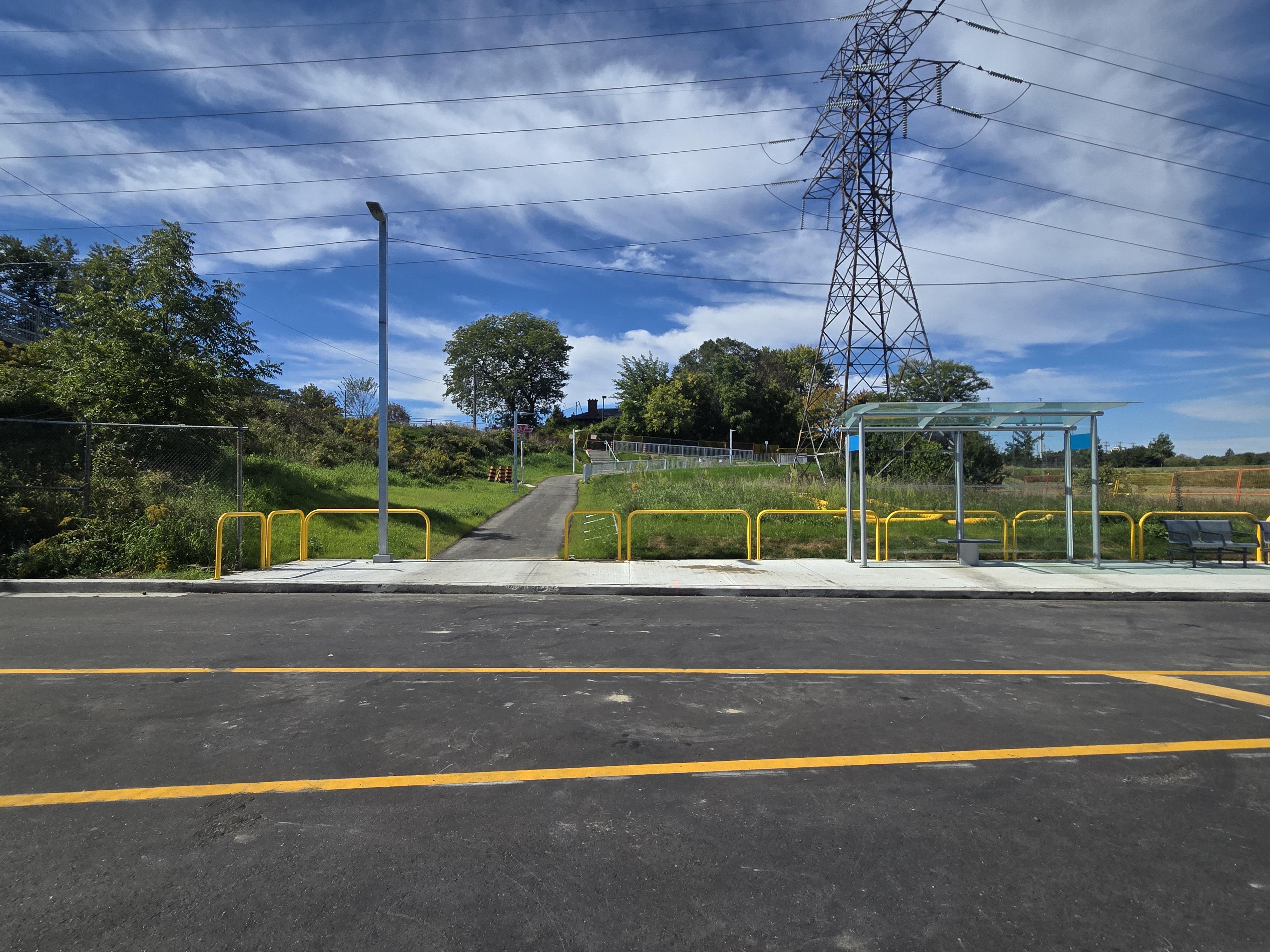 Bus roadway with wires in background