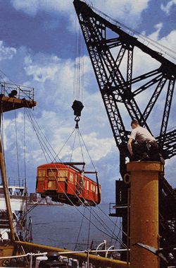 Unloading the first subway car from Britain. Port of Montreal.