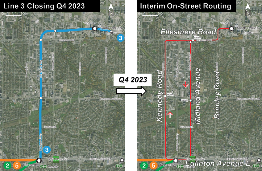 Existing Line 3 SRT image on the left, Line 3 bus replacement plan on beginning Q4 2023 on the right.