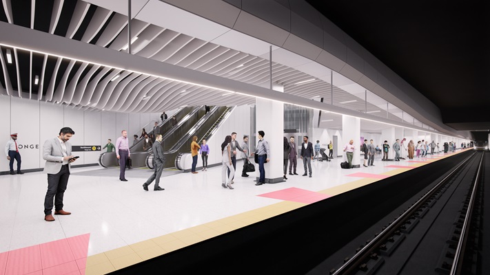Artist’s rendering of the new Bloor-Yonge Station Line 2 eastbound platform. Design subject to change.