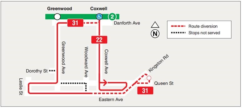 transit map showing 22 Coxwell regular routing