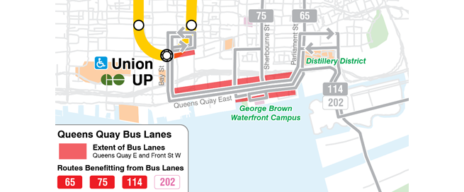 Map of the extent of the proposed priority bus lanes from Bay St to Parliament St along Queens Quay