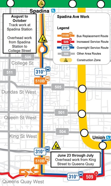 map showing work areas on Spadina Avenue and transit service changes