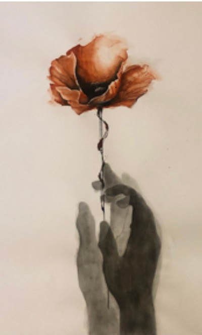 Painting of a hand reaching out to hold a flower