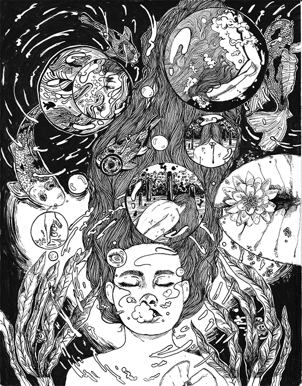 “Returning, Returning, Returning” is a black and white illustration, drawn in a sketch lined style with detailed penwork. The focal point is a person, shown from the shoulders up with their long hair cascading above them like a river. Bubbles escape from their mouth to suggest that they are underwater. This person is surrounded by plant life and bubbles. Around the curving lines of the sketched out hair, two fish circle in the black background beneath. There are bubbles scattered across the piece in various sizes, and all depict their own illustrated scene inside. One bubble depicts an eyeball inside, and another depicts a finger touching, and breaking, the still surface of water. Some bubbles near the top left of the drawing are filled with abstract, fluid lines and shapes with prominent black and white contrast. Another bubble depicts a figure floating still beneath turbulent waters, with the water drawn in the same sketched style as the centerpiece’s hair. Two other bubbles depict that same figure, bent over with their hair shrouding their face, with pillars and trees in the foreground. Fronds rise from the bottom of the full illustration around the center figure, and a lily pad with a lotus sits on the right side of the image.