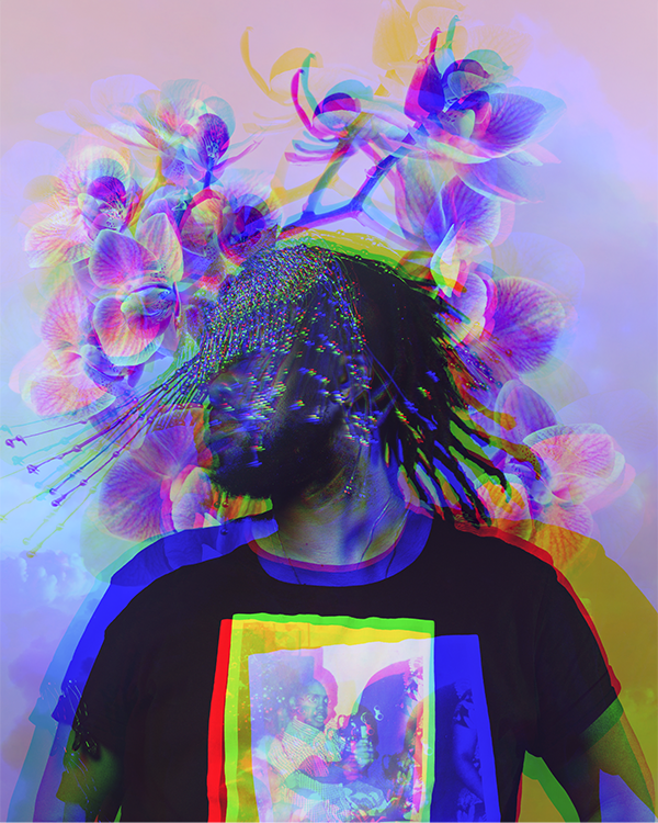 Two versions of the same photo placed side by side.  The photo is of the head, shoulders and chest of a young Black man with medium length dreadlocks and a short stylish beard. He is wearing an intricate headdress that covers his forehead with long beaded strands that splay out to the sides, caught mid-motion as he turns his head. Behind him are a bunch of oversized purple and white orchids in bloom and a picturesque pastel sky. The man wears a short sleeved black shirt emblazoned with a faded family photo in which his child self sits in front of a Christmas tree surrounded by family, holding a large toy gun pointed at something just off camera.    The two images, while the same, are slightly different.  The version on the left is in focus and the background colours are in pink and purple hues.  In the version on the right, the colours appear to have been separated into layers of blue, yellow and red, and placed out of alignment with each other, making the image blurry and chaotic, almost as if in motion.  The right image has been flipped horizontally so that the man faces himself across the divide of the two prints.