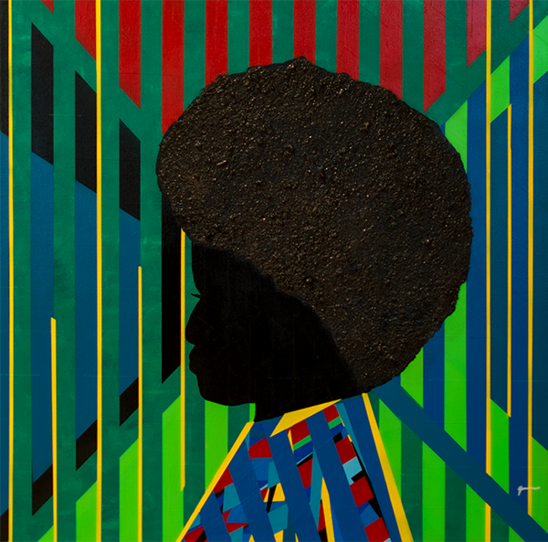 This square abstract painting prominently features the silhouette of a Black woman with a big afro hairstyle set to a colourful geometric pattern. The artist used black acrylic paint to craft the striking side-profile, accentuating her eyelashes, nose, and lips. The hair is textured, composed of a blend of black acrylic paint and natural soil, providing a tangible quality. The silhouette of the woman is adorned in a multi-colored top embellished with geometric cross stitching. The woman stands out against a vibrant background of vertical streaks of yellow, green, teal, blue, red, and black spray paint to situate the silhouette in a dynamic backdrop. To make the clothing and background, the artist employed a technique using spray paint and painters tape to create hard-edge abstract geometric cross-patterns. Tape is first placed on the surface of the canvas before painting and then removed once the paint has dried to create striking geometric shapes, forms, and lines.