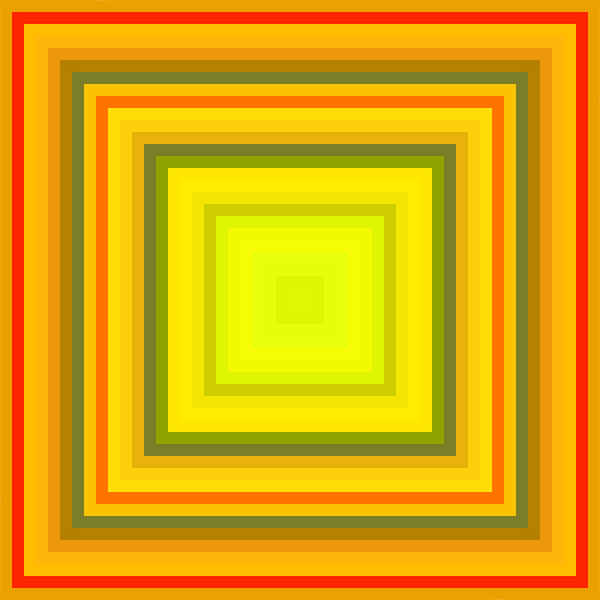 When looking at “It’s Fall,” is like walking inwards down steps of coloured squares to the center. There are twenty four steps. The concentric bands of colours from the edge to the centre are Orange peel (orange), Scarlet (red), Amber (yellow), Selective yellow (yellow), Dark golden rod (yellow), Trendy green (green), Golden poppy (yellow), Safety orange (orange), Golden yellow (yellow), Tangerine yellow (yellow), Gambose (yellow), Trendy green (green), Citrus (green) Golden yellow (yellow) Golden yellow, Golden yellow, La rioja (green), Chartreuse yellow (yellow), yellow, yellow, Chartreuse yellow, Chartreuse yellow, Chartreuse yellow, and Chartreuse yellow is at the centre. This remind me of autumn colours. The centre is like the sunlight spreading which is intensive bright greenish yellow spreading comfort yellows and oranges colours to the edge. The edge colours feel like a perfect hot food to put in your mouth. Gold, green and red appear just the way I see in the autumn. These colours into square is what interesting because it is not autumn with trees. The overall feeling of these colours is like a warm touch on the cheek from somebody that I can remember or warm sun on my face that I can remember.