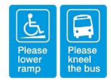 Image of flashcard. Side one reads please lower ramp and includes an international symbol of accessibility on top of a sloped ramp. Side two reads please kneal the bus and includes an image of a bus tilted to the right.