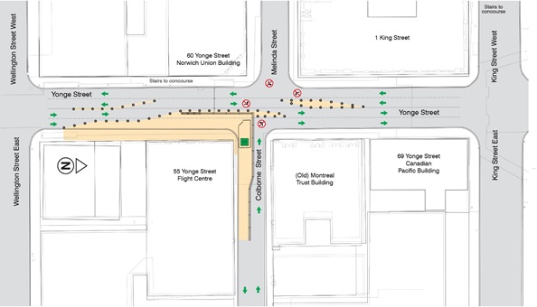 Aeral image of Elevator E3 at Colborne Street and Yonge Street between King Street and Wellington Street. Contact theresa.buck@ttc.ca for further information