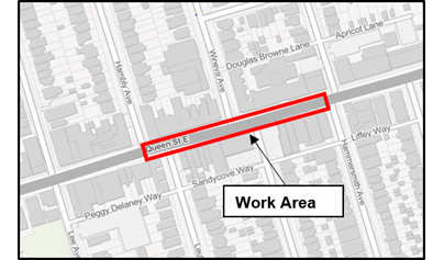 Image shows the work area which includes Queen St E from Hambly Ave to Hammersmith Ave