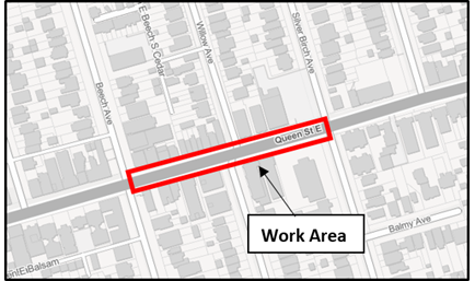 Image shows work area which is on Queen St E from Beech Avenue to Silver Birch Avenue