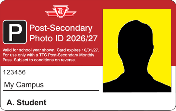 A sample graphic of the Post-Secondary Photo ID Card for 2026 and 2027. It has a space for a photo and fields for the school and student names.