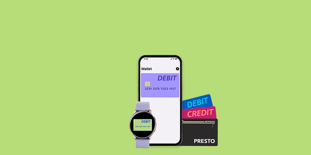 Debit, credit and PRESTO cards and digital devices on a green background