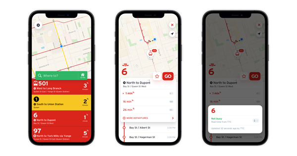 Three screens of a mobile phone prototype of the Transit app interface