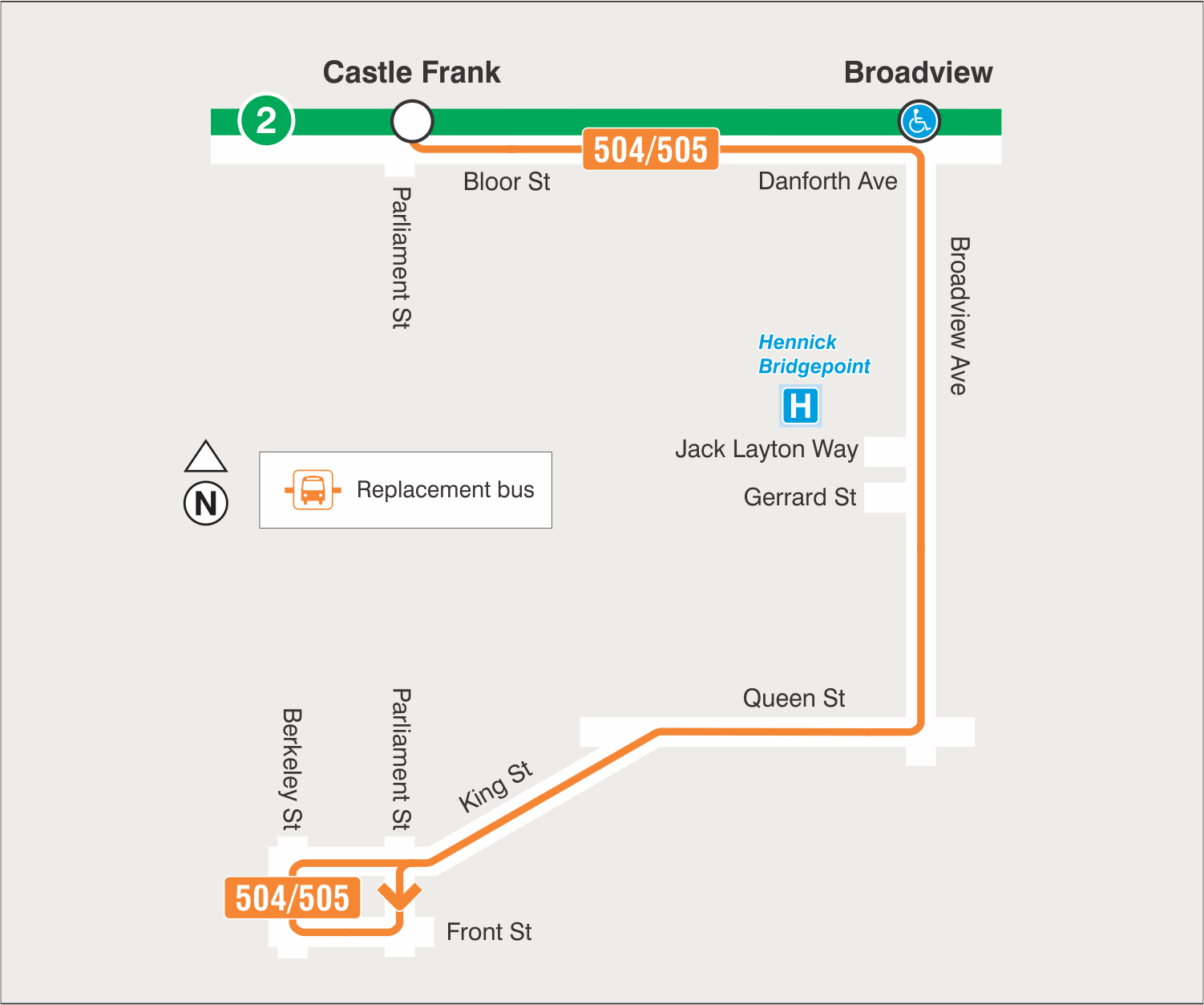 Map of 504-505 Castle Frank for Broadview Station bus service changes