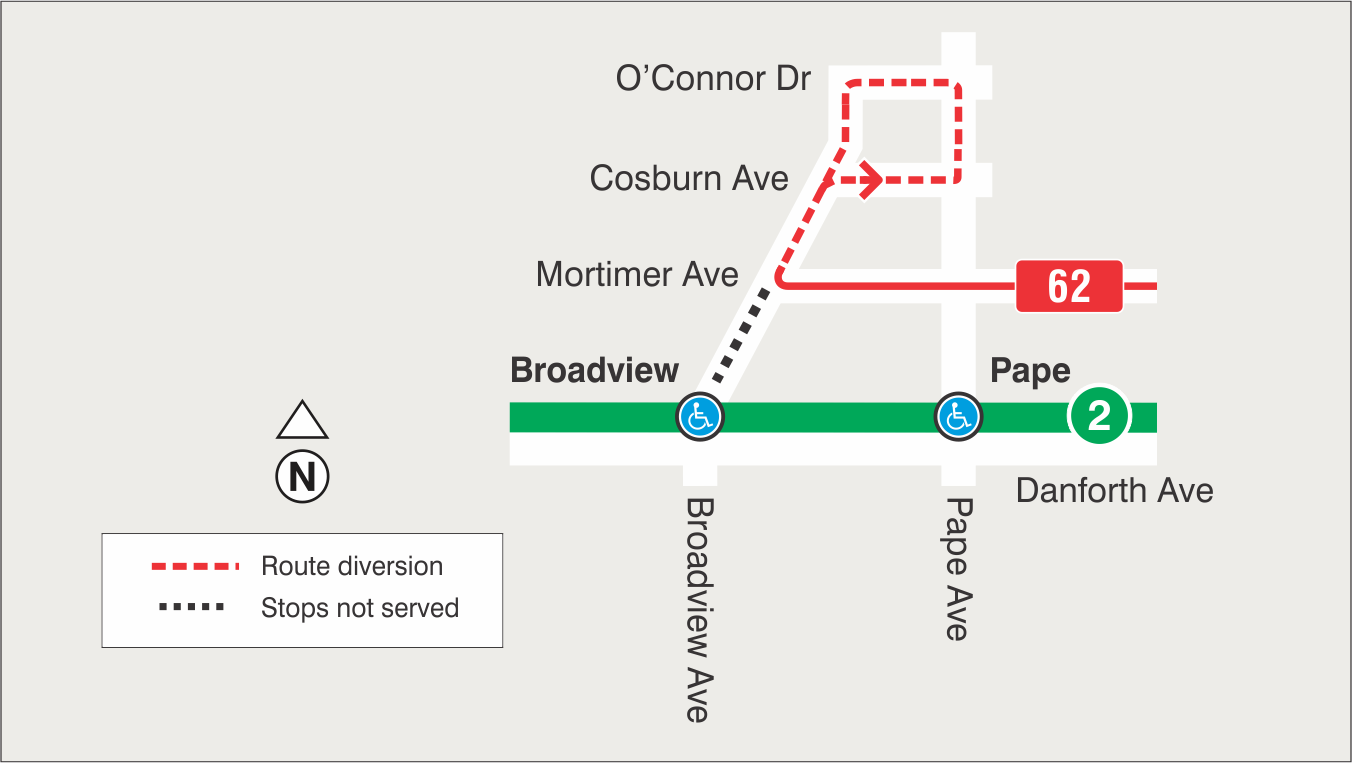 Map of 62 Mortimer for Broadview Station bus service changes