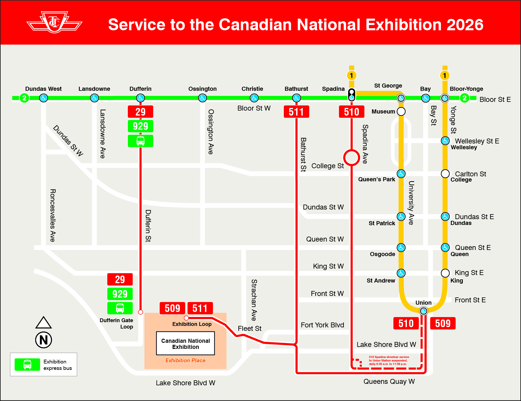 TTC Service Map for Canadian National Exhibition 2026