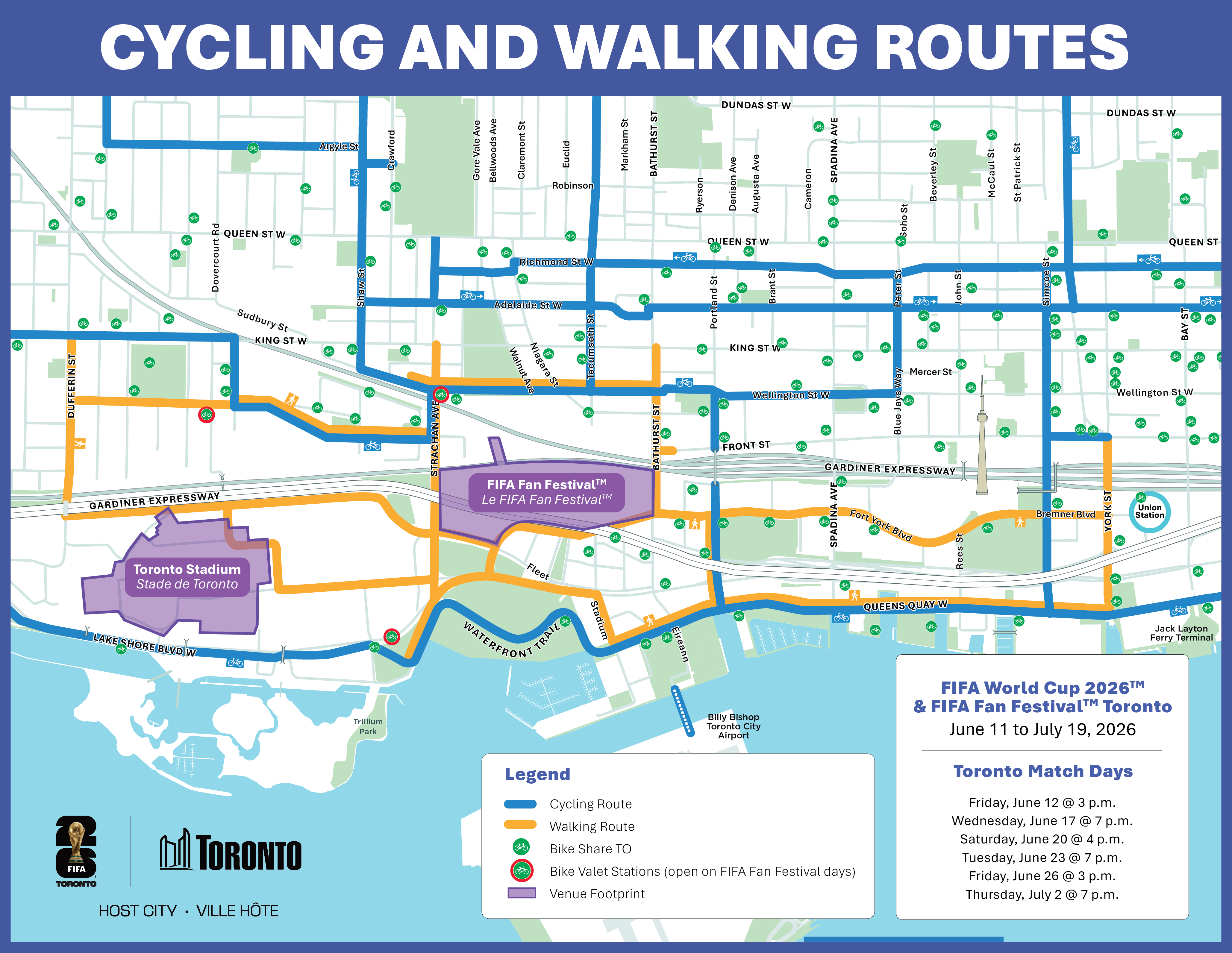 A map from the City of Toronto showing cycling and walking routes around Toronto Stadium and FIFA Fan Festival™ areas