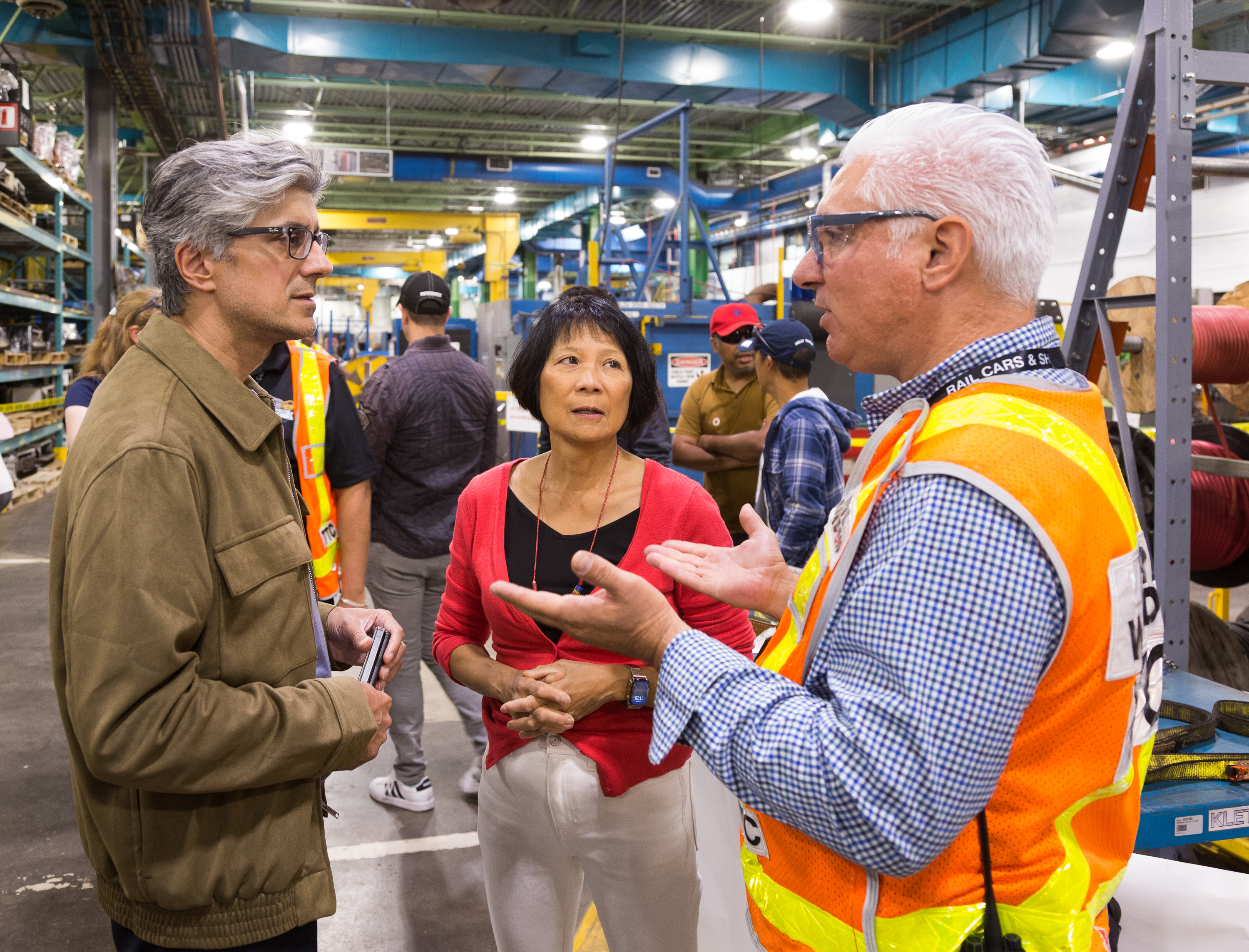 Mayor Olivia Chow and TTC CEO Mandeep S. Lali speaking with TTC staff during the Greenwood Yard Open House.
