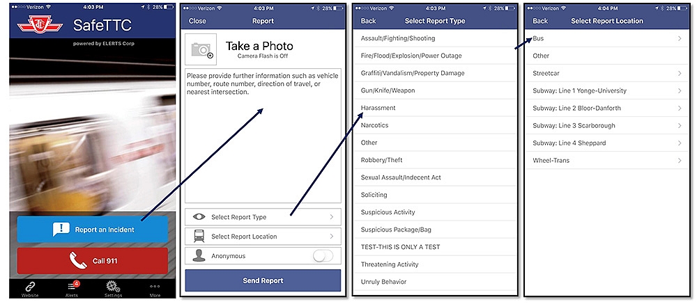 Multiple Screen navigations of Safe TTC app.