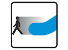 Step on and off carefully pictogram Image showing a person stepping off an escalator