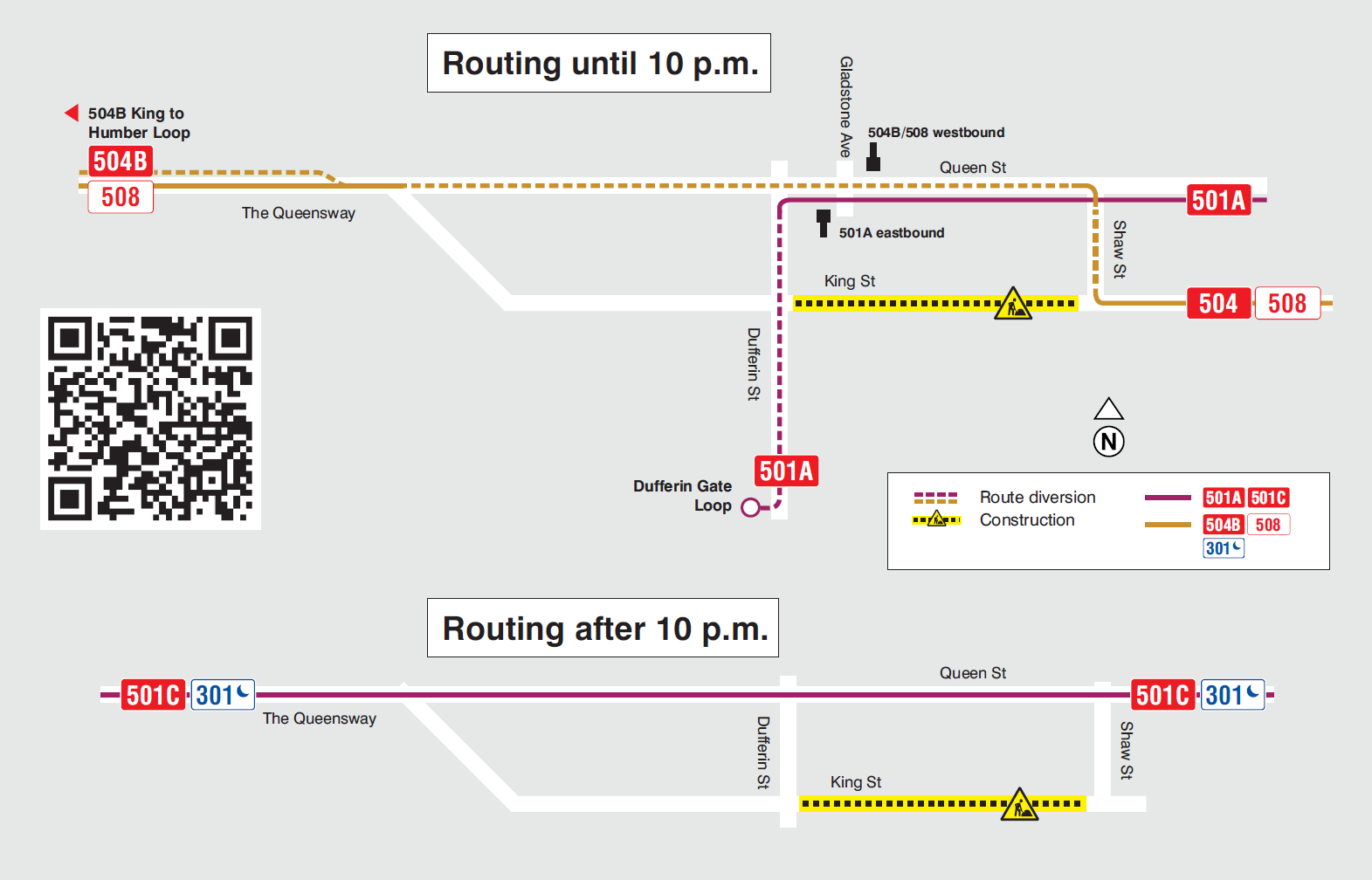 Map of 501 and 301 streetcar temporary route change due to TTC and City of Toronto construction