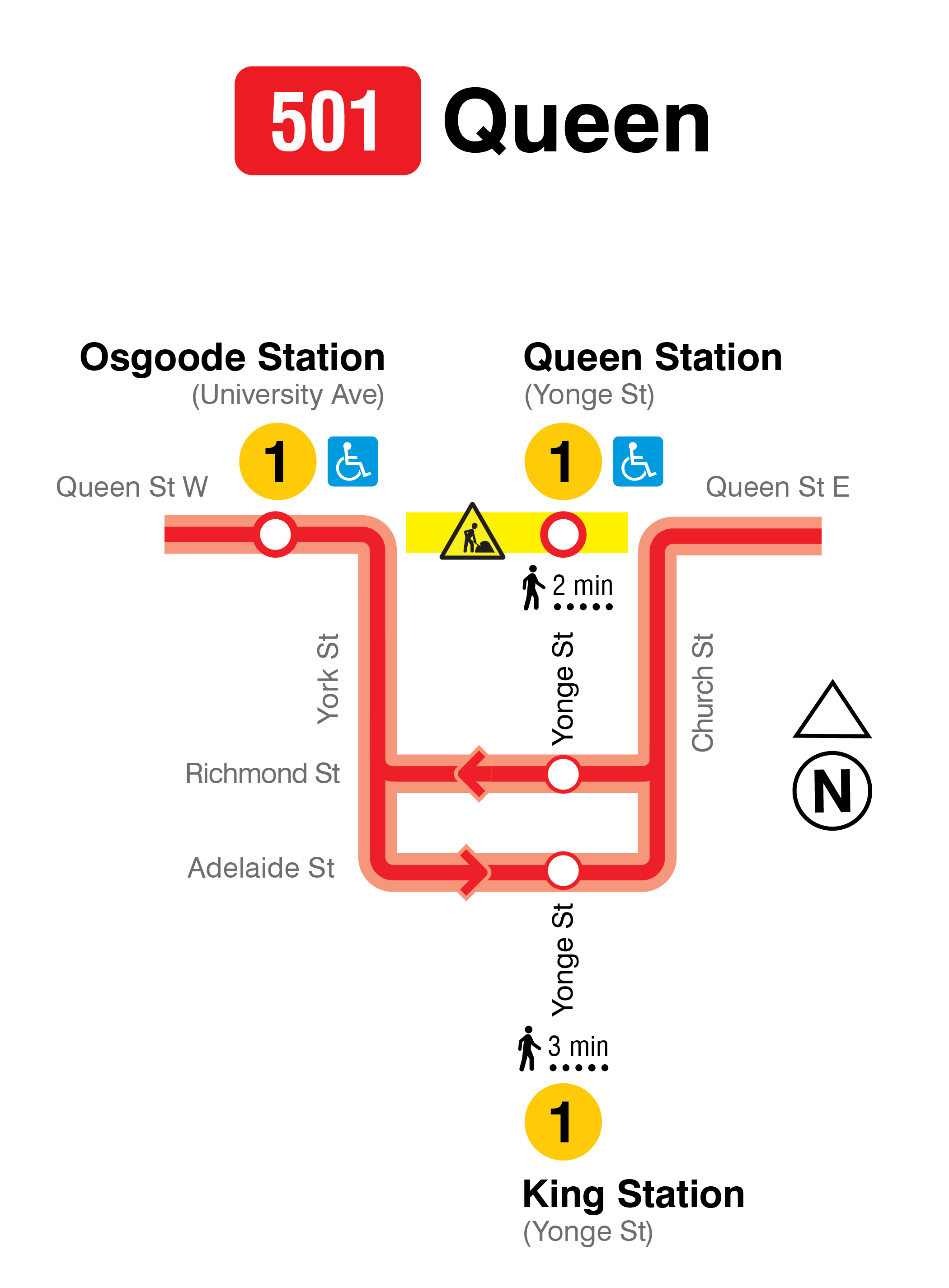 Map of 501 streetcar route change