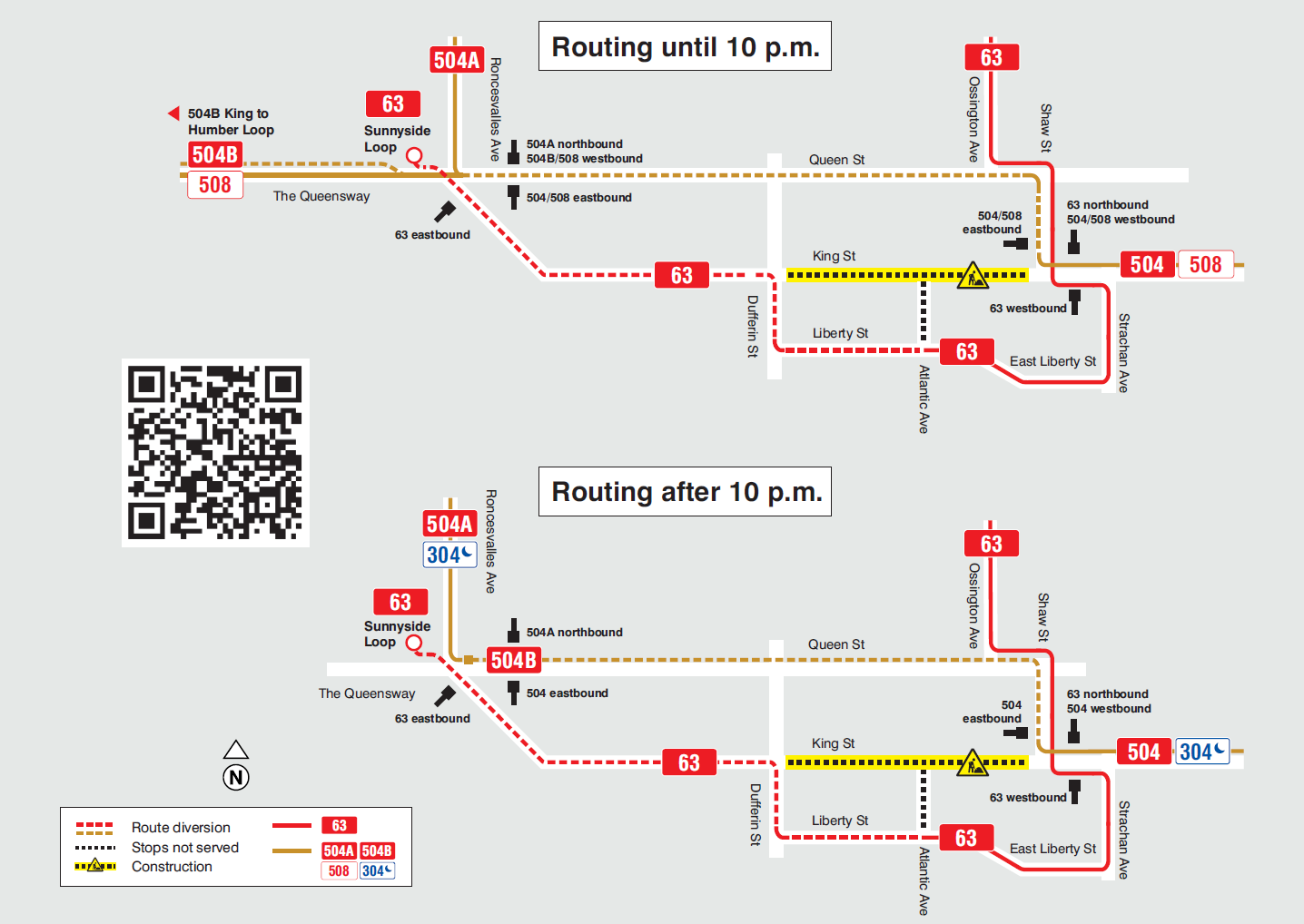 Map of 508 streetcar temporary route diversion due to TTC and City of Toronto construction