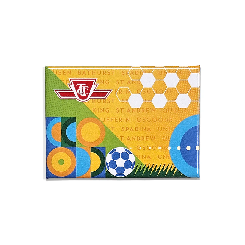A colourful TTC magnet with station name text and graphics including a soccer ball and the red and white TTC logo