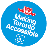 Image of a blue circle button with the TTC logo on top. The text states "Making Toronto Accessible". The bottom of the button had the blue accessibility icon.