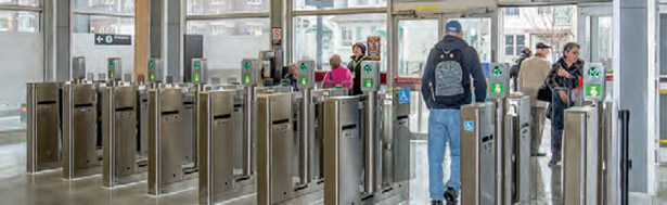 Customers enter and exit a station using the PRESTO gates.