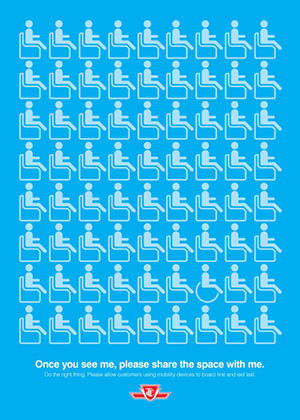Blue poster showing rows of seats and with caption Once you see me, please share the space with me