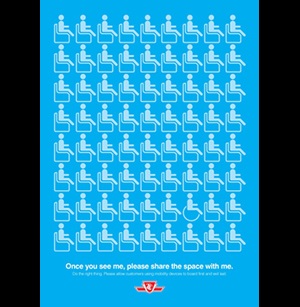 Blue poster showing rows of seats and with caption Once you see me, please share the space with me