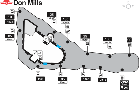 Map of Bus platform with bus route stops at Don Mills station