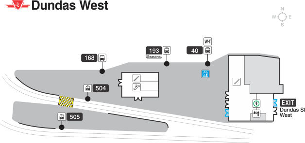 Map of Concourse to Dundas Street Entrance and Bus Platform at Dundas West station