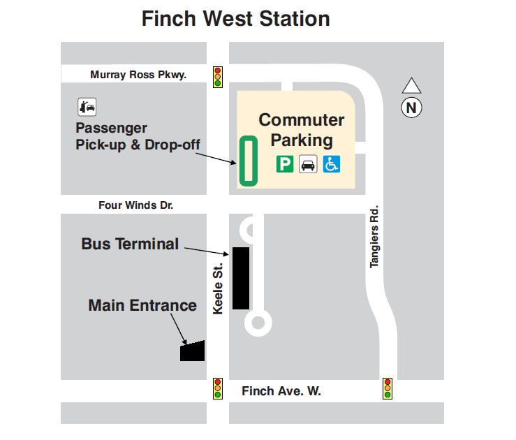 Map of Bus Terminal, Main Entrance, Commuter Parking, Passenger Pick up and Drop off in Finch West Station