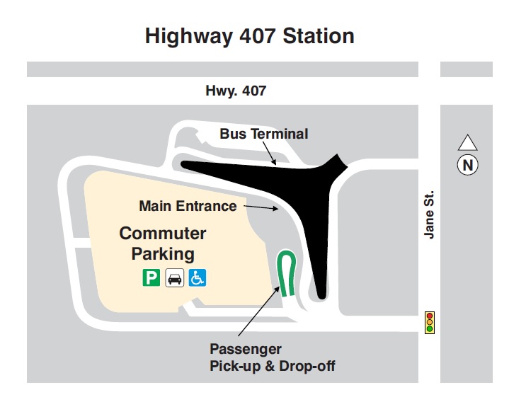 Map of Bus Terminal, Main Entrance, Commuter Parking, Passenger Pick up and Drop off in Highway 407 station