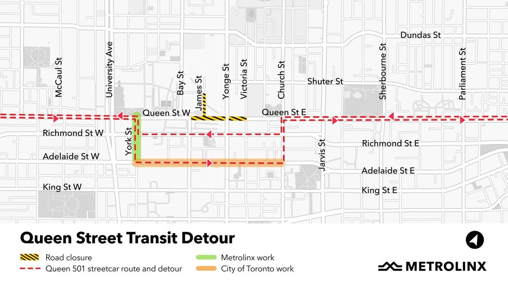 Map depicting how the 501 Queen streetcar will begin diverting once the streetcar tracks are installed on Adelaide Street and York Street.